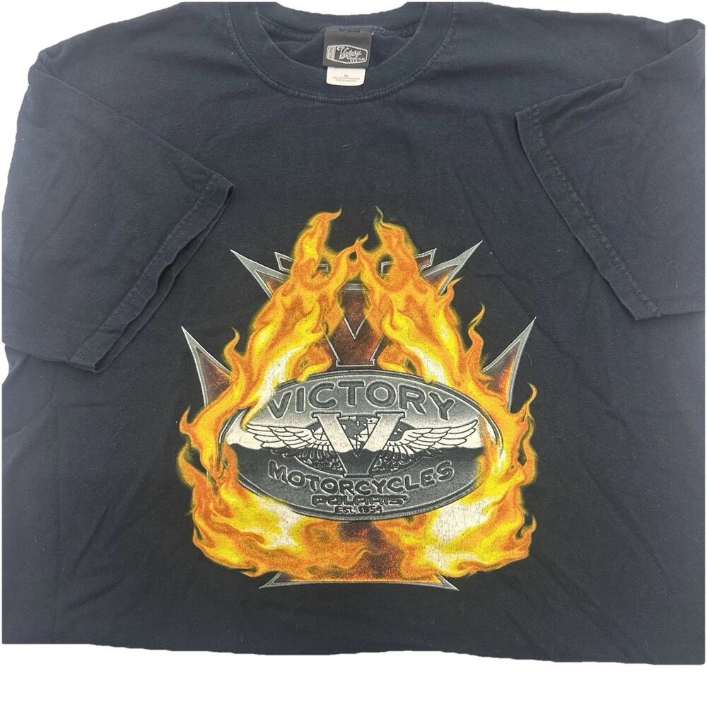 VTG Victory Motorcycles Men’s Shirt XL Navy Blue Flaming Logo Graphic Tee Biker